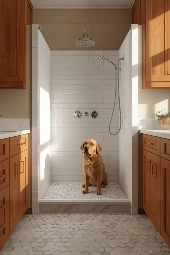 24 Laundry Room Ideas That Make the Most Dreaded Chore Actually Enjoyable 6 laundry room dog washing station, featuring a low walk-in tiled dog shower
