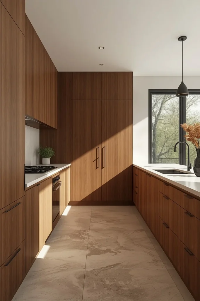 22 Mid Century Modern Kitchen Designs That Are Timeless & Stunning 5 modern kitchen, featuring floor-to-ceiling handleless walnut cabinetry