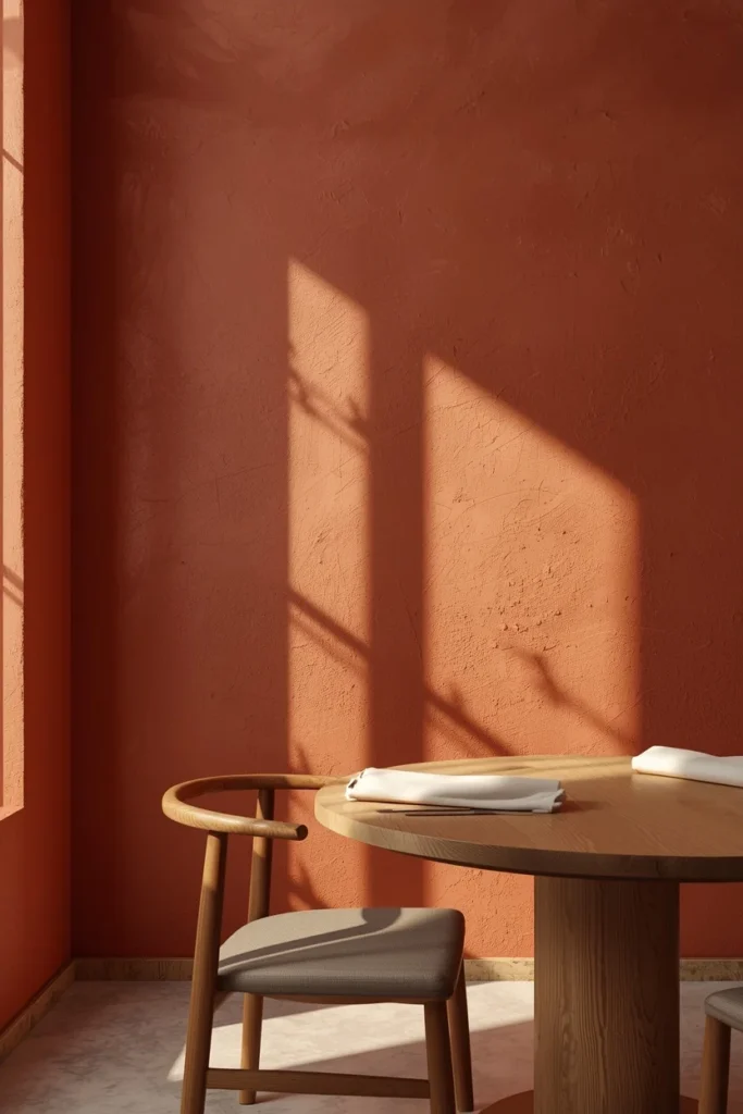 25 Modern Dining Room Ideas That Are Chic, Sleek & Totally Pin-Worthy 6 dining room, featuring hand-troweled plaster walls in warm terracotta tone,