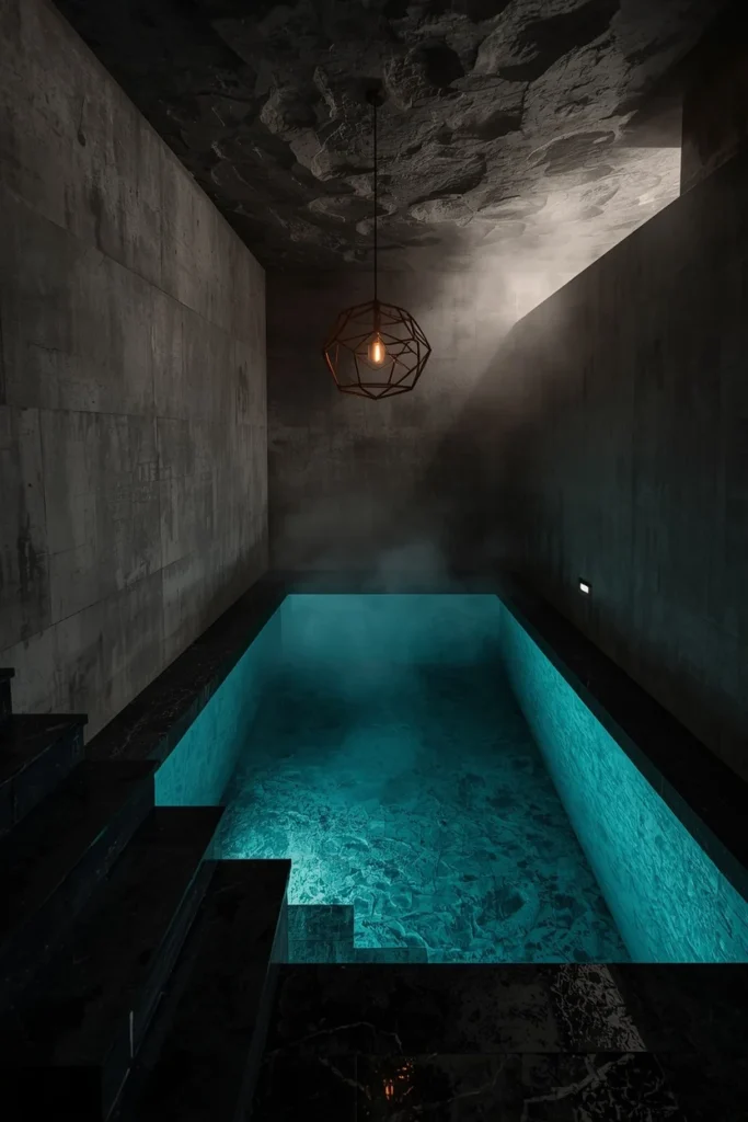 underground luxury pool, raw concrete walls with slight texture,