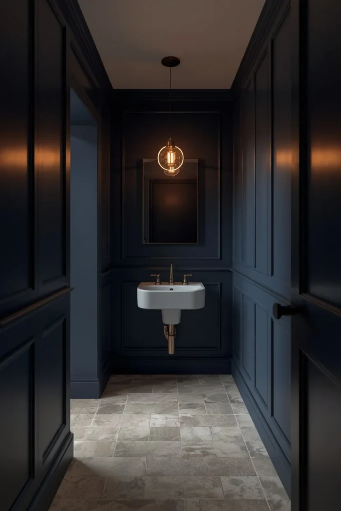 16 Moody Blue Bathroom Ideas That Feel Luxurious & Deeply Relaxing 6 small bathroom, featuring deep navy blue walls