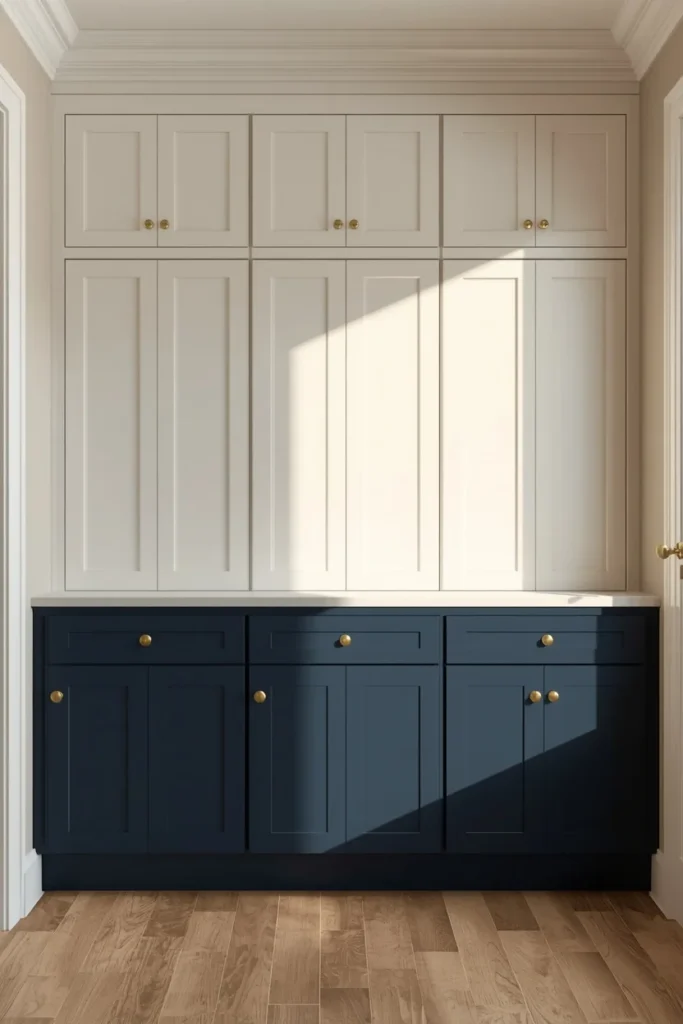 16 Mudroom Design Ideas That Make the Messiest Space in Your Home Look Amazing 5 mudroom cabinetry in two-tone navy blue lower cabinets
