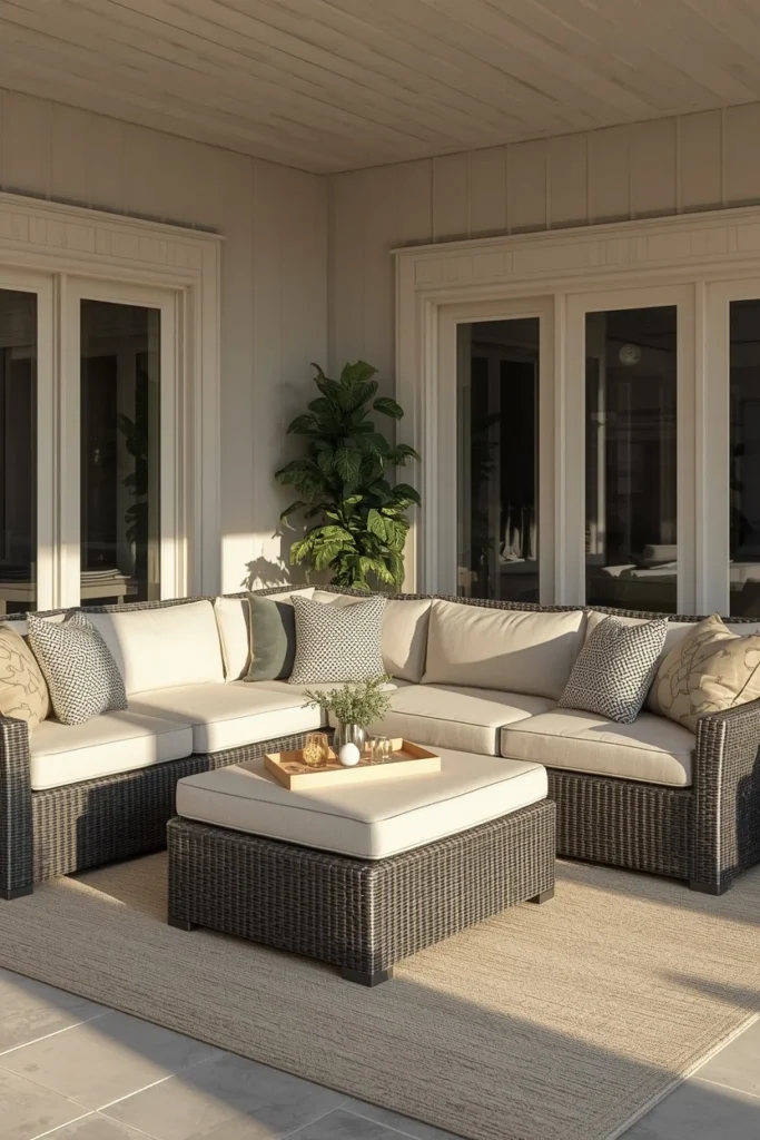 24 Outdoor Patio Furniture Ideas That Are Stylish, Comfy & Weather-Ready 6 patio living room, featuring modular gray resin wicker sectional pieces