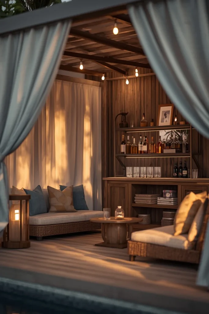 21 Pool House Ideas That Make Your Backyard Feel Like a Luxury Resort 6 poolside cabana, featuring a small mini bar with glassware