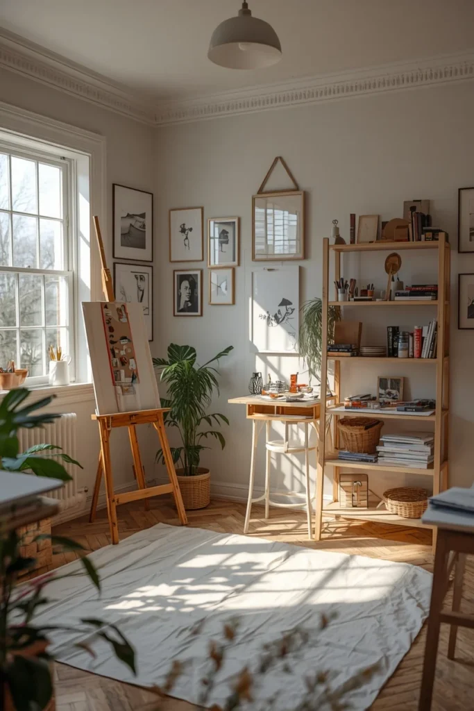 she shed art studio, featuring an easel near a north-facing window