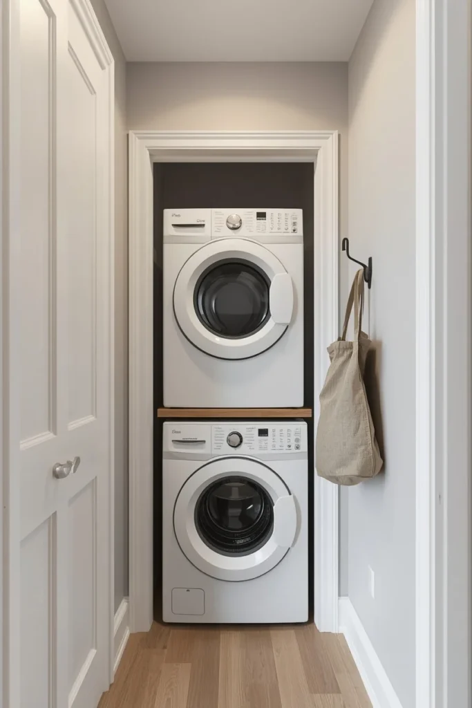 21 Small Laundry Room Ideas That Pack Function & Style Into Every Inch 6 small laundry closet, featuring a stacked white front-loading washer