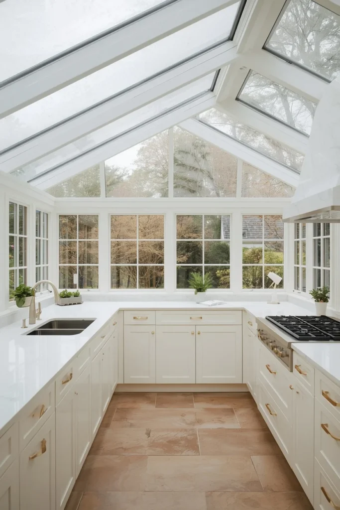 16 Solarium Kitchen Ideas That Flood Your Home With Beautiful Light 6 White solarium Kitchen Beneath a Glass Ceiling