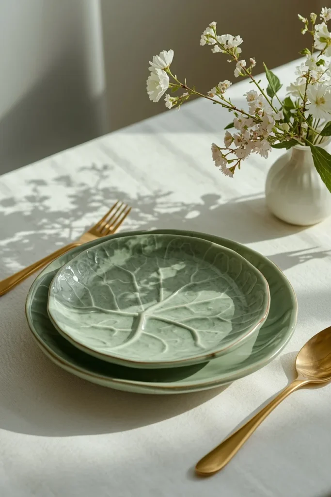 16 Spring Tablescape Ideas That Make Every Meal Feel Like a Garden Party 6 close-up tablescape shot featuring green textured cabbage-shaped ceramic plates