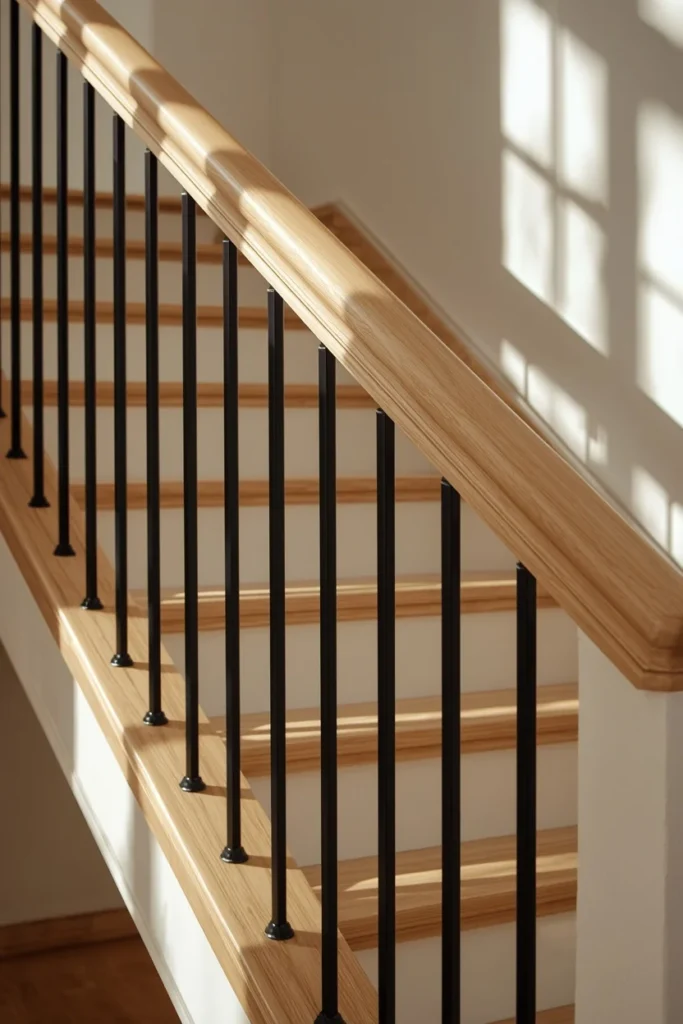staircase, featuring simple black metal spindles in a uniform pattern, 