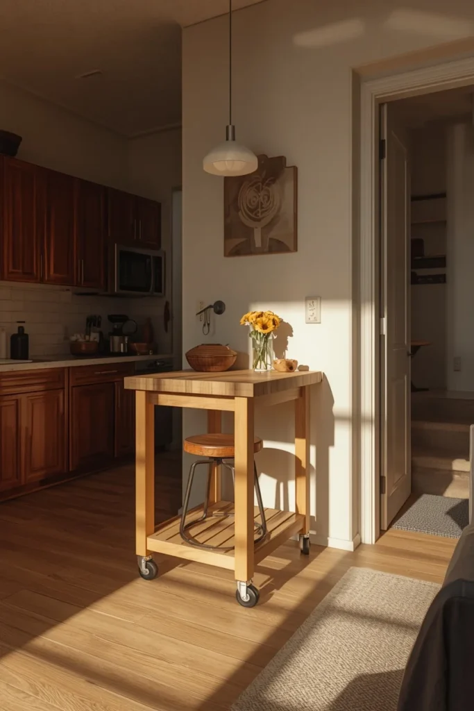 studio apartment kitchenette, featuring a small rolling kitchen island 