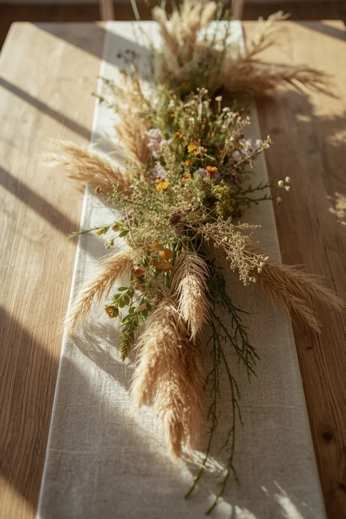 dining table styling vignette, featuring a low horizontal arrangement of dried pampas grass