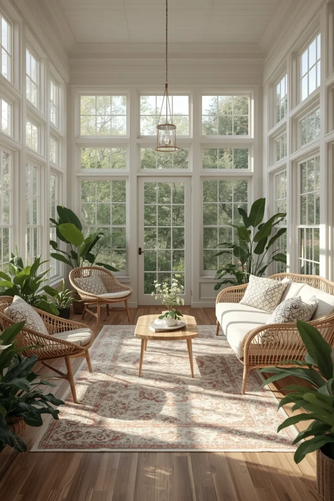 sunroom, featuring a mix of wicker armchairs and a plush linen sofa 