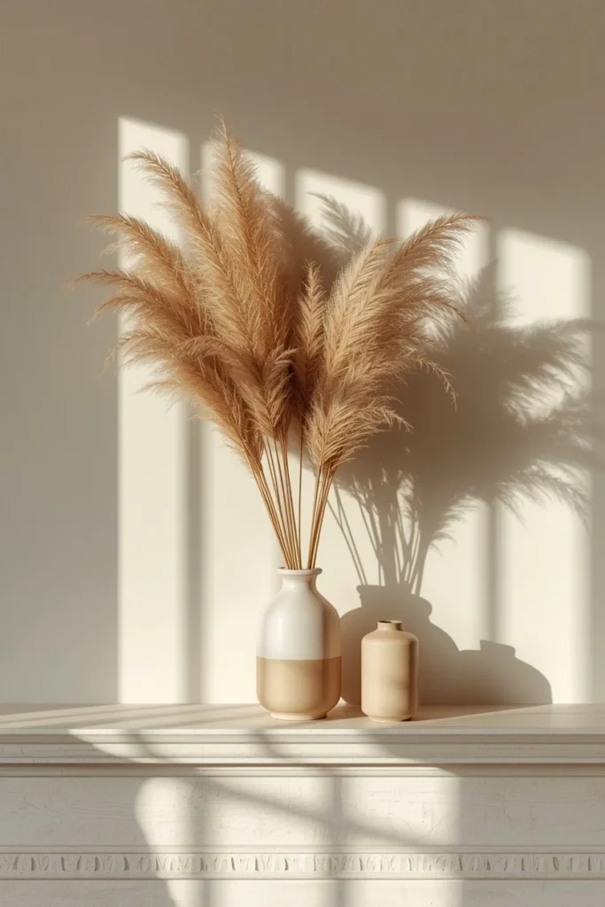 fireplace mantel, featuring tall vases of dried pampas grass 