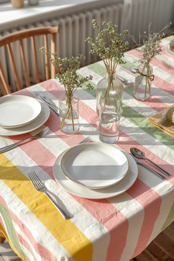 summer table featuring a bold striped tablecloth 