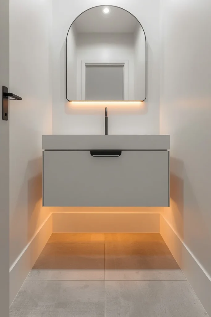  tiny powder room, featuring a white floating vanity