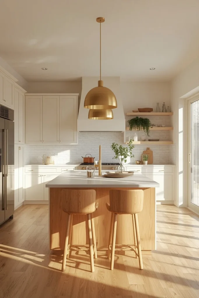 open concept kitchen, featuring off-white perimeter cabinetry and a light natural wood island