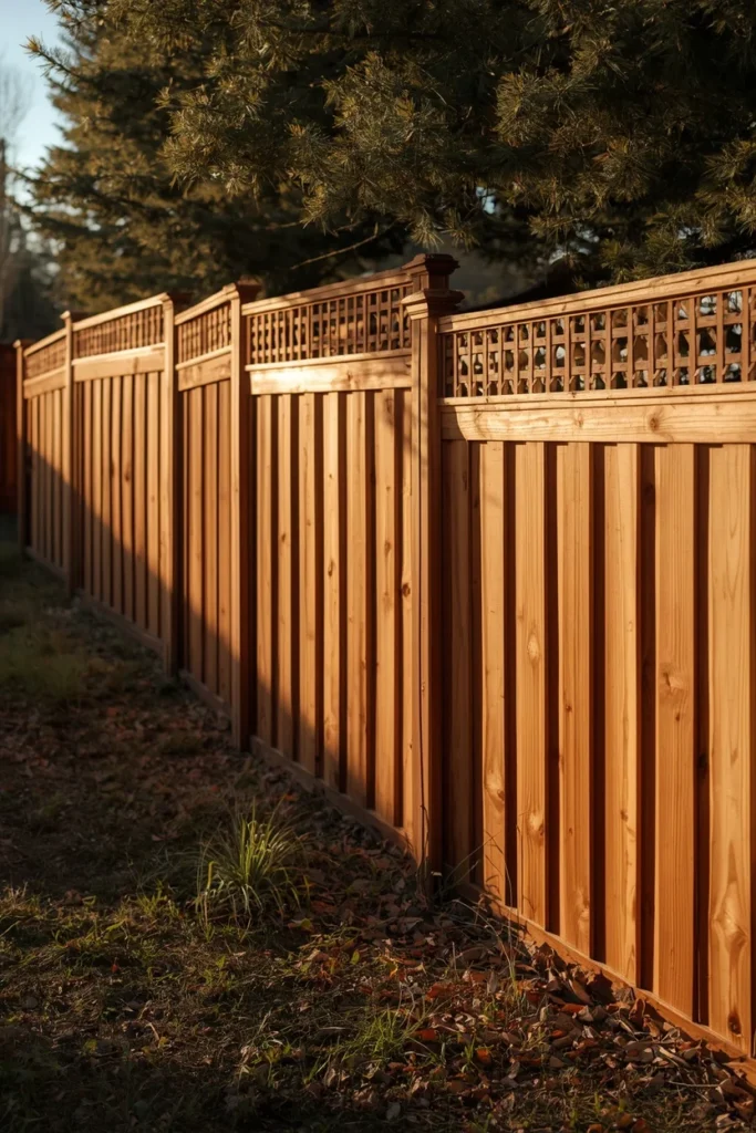 backyard exterior on a sloped lot, featuring a cedar privacy fence