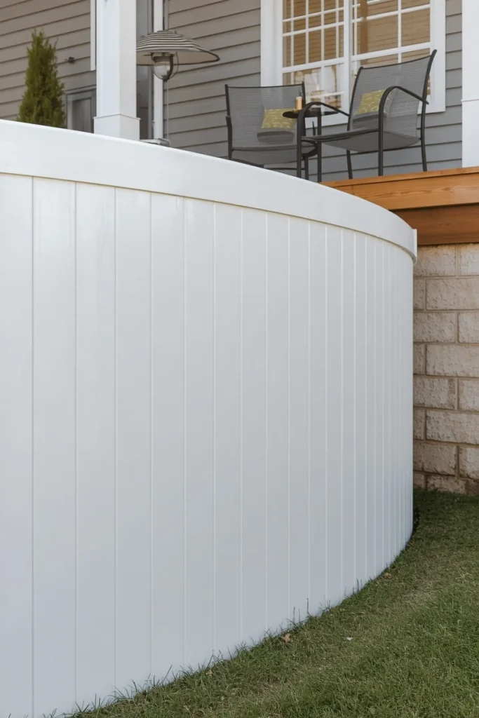 Above ground pool with vertical white siding 