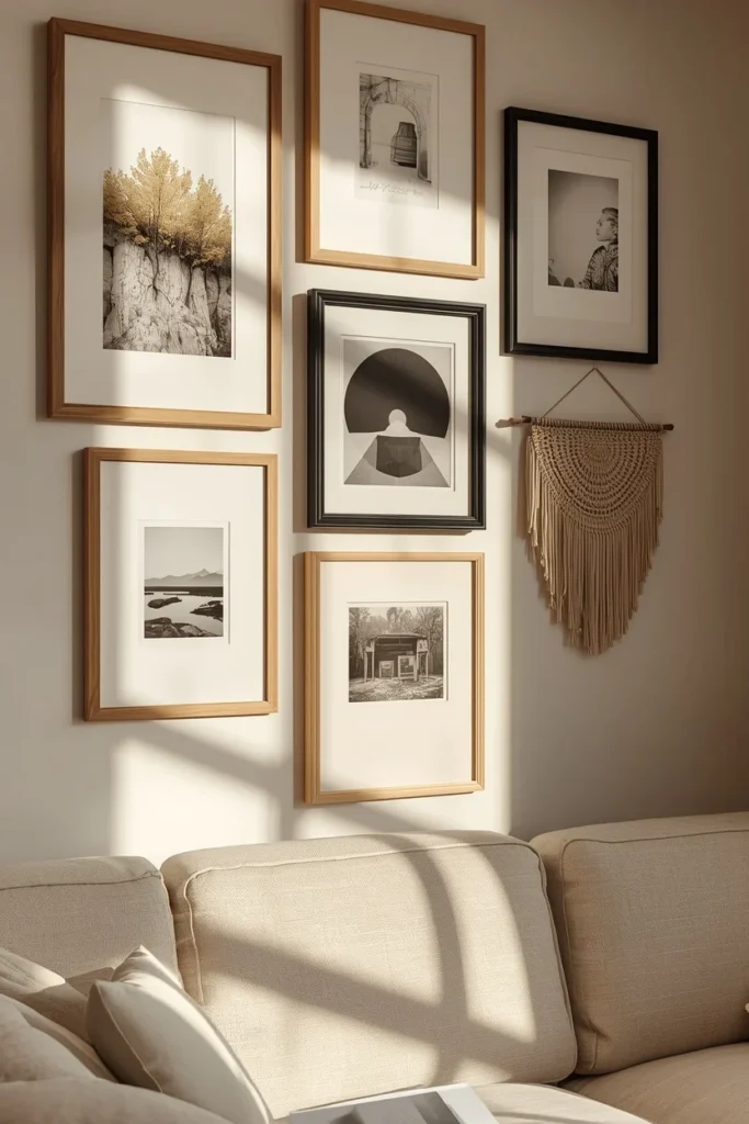 25 Apartment Living Room Ideas That Are Stylish, Smart and Totally Renter-Safe 7 apartment gallery wall, featuring a mix of mismatched natural wood