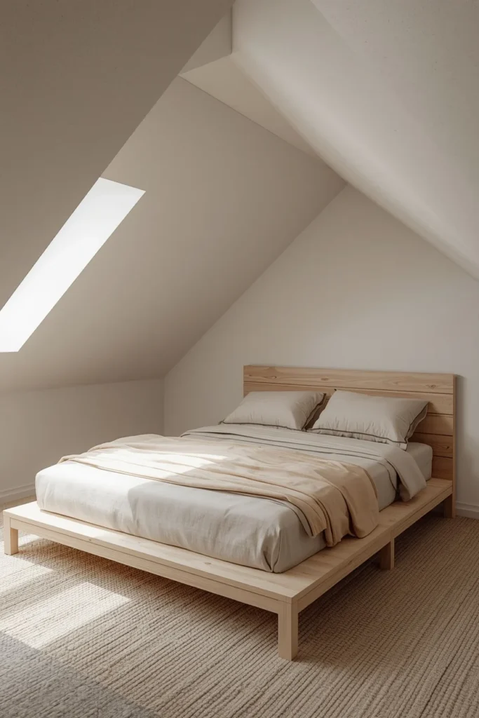 attic bedroom shot, featuring a low-profile platform bed