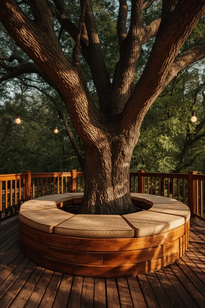 20 Back Deck Ideas That Make Your Outdoor Space Impossibly Inviting 7 deck built around a mature tree trunk, featuring a custom wood bench