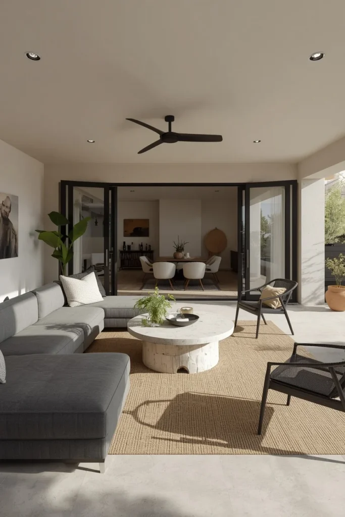 17 Back Patio Ideas That Transform Any Outdoor Space Into a Cozy Retreat 7 covered patio living room, featuring an oversized charcoal sectional sofa,