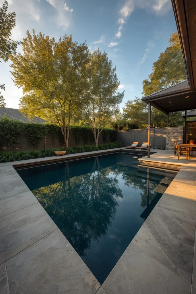  backyard pool, featuring a charcoal slate pool finish reflecting the sky 