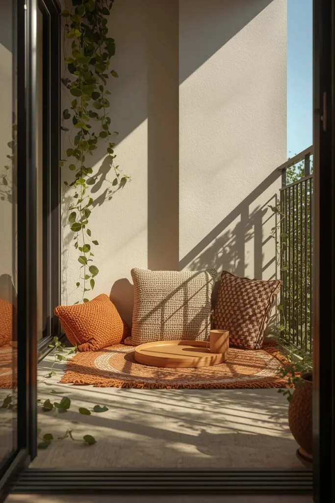 25 Balcony Ideas That Turn Even the Smallest Outdoor Space Into a Retreat 7 small balcony floor seating area, featuring layered woven floor cushions