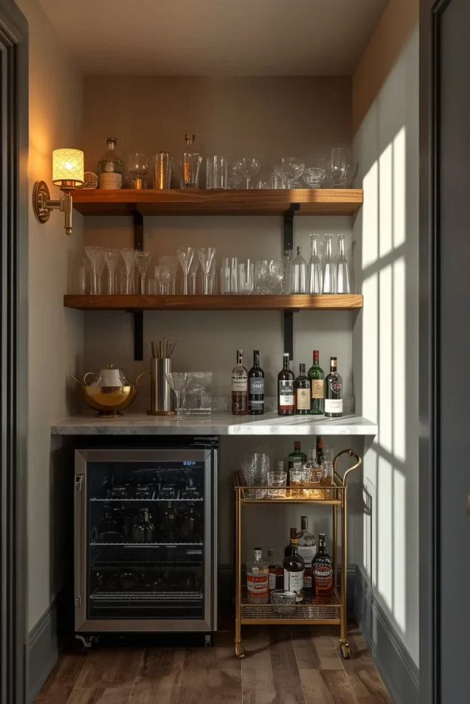  basement bar nook, featuring open wood shelving lined with glassware, 
