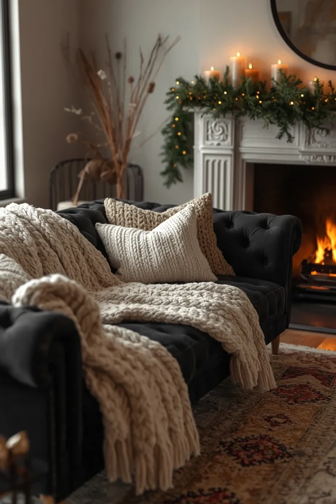  living room, featuring a black sofa layered with chunky cream knit throws and pillows,