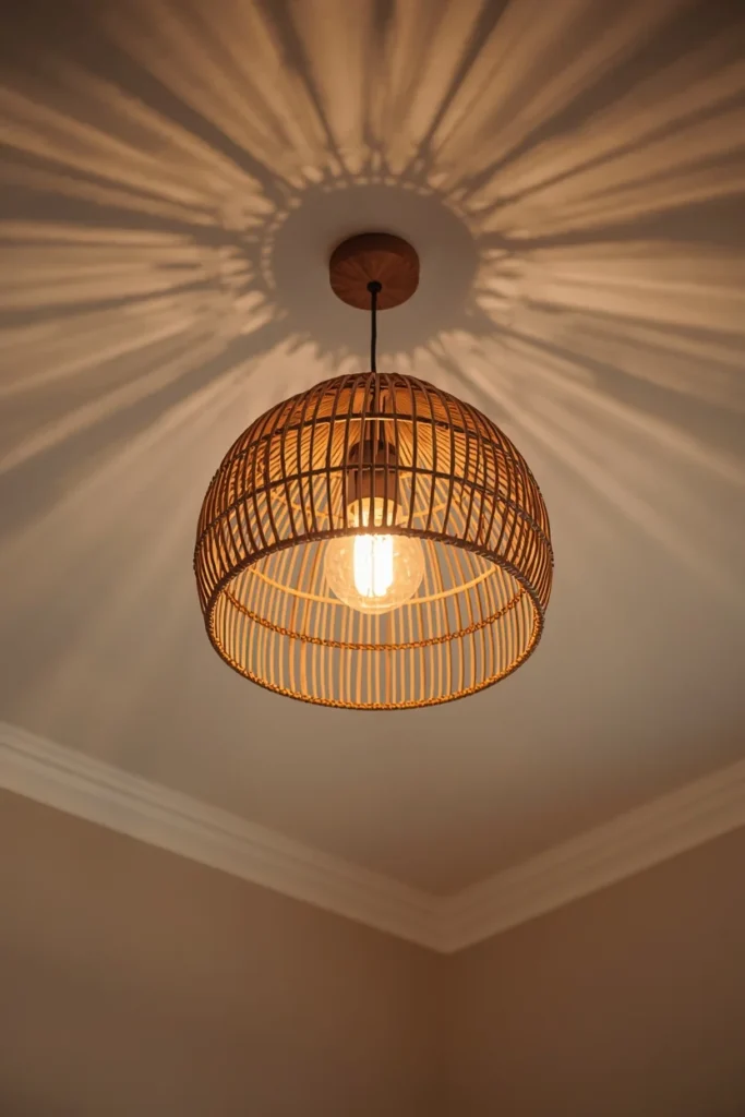  bedroom ceiling detail shot, featuring a woven rattan dome pendant light