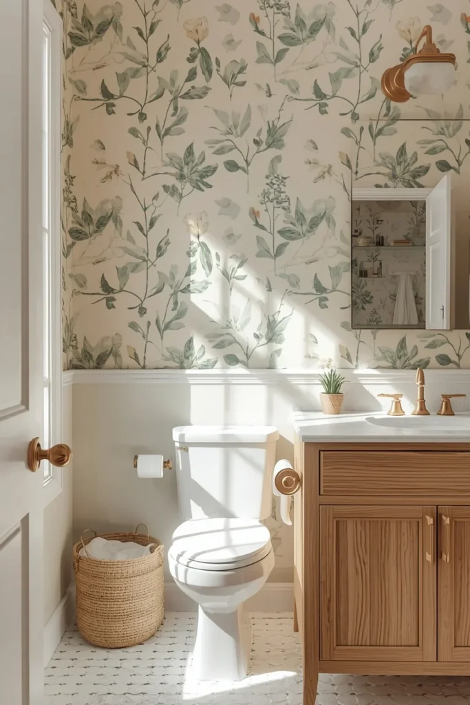 bathroom, featuring hand-drawn botanical illustration wallpaper