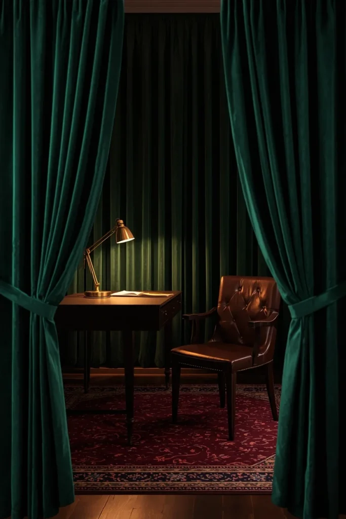  study space, featuring deep emerald velvet drapery framing a dark wood desk