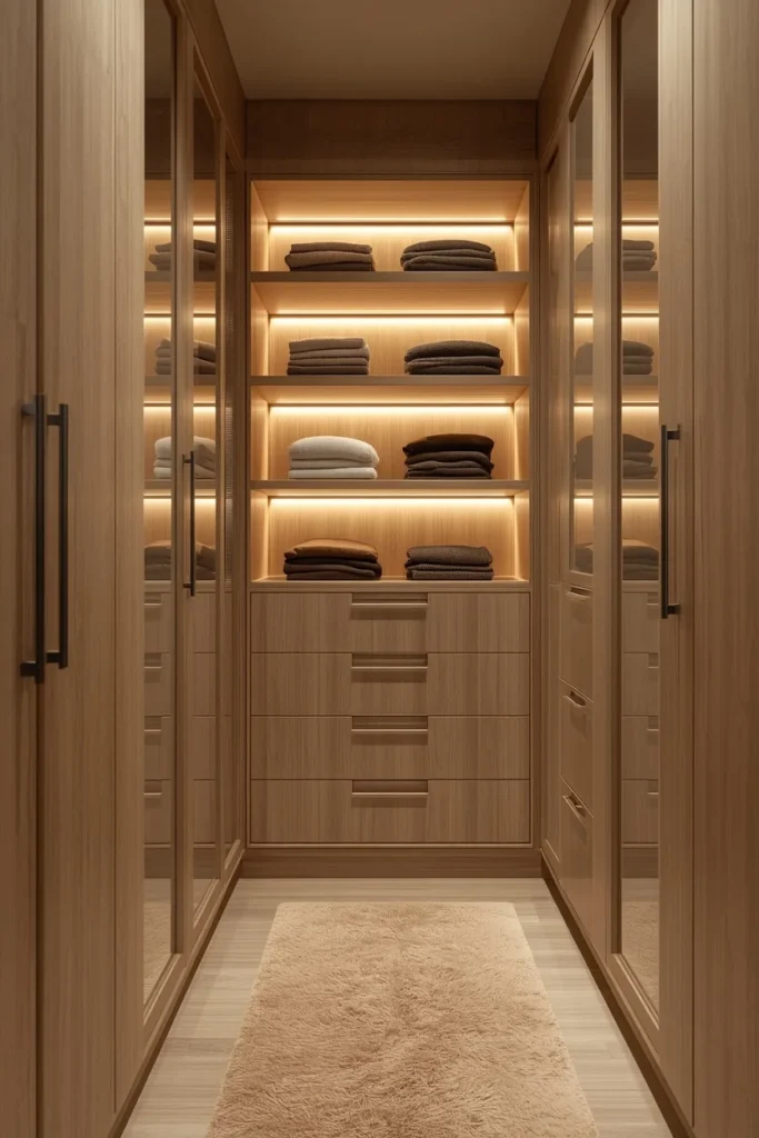 24 Custom Walk-In Closet Designs That Make Getting Dressed Feel Like a Dream 7 Wallpaper to the Back Wall of Open Shelvin