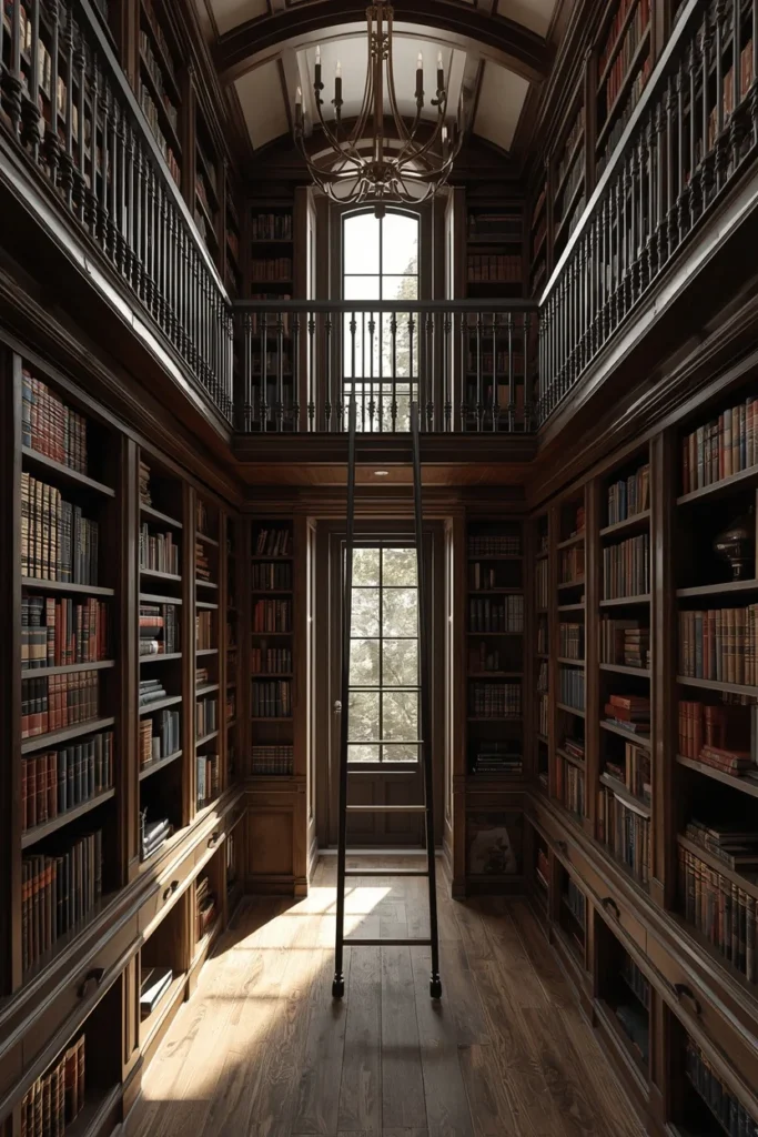24 Dream Home Library Ideas That Are So Beautiful They'll Take Your Breath Away 7 two-story home library, featuring floor-to-ceiling built-in shelving