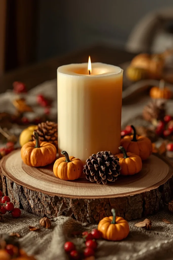 16 Fall Table Decor Ideas That Turn Every Dinner Into an Autumn Celebration 7 fall table centerpiece featuring a raw wood slice base
