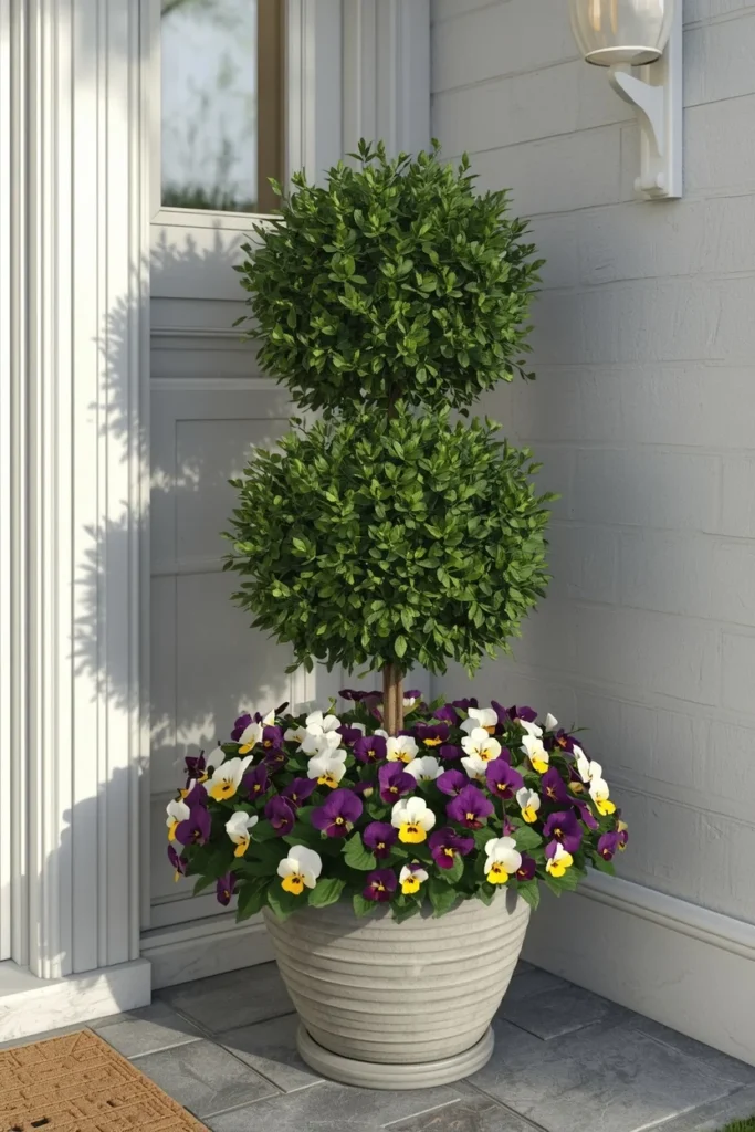 22 Front Porch Flower Ideas That Make Your Home's Entrance Bloom Beautifully 7 porch planter featuring a neatly trimmed boxwood topiary