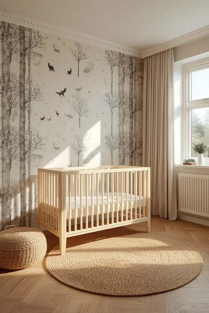 19 Gender Neutral Nursery Ideas That Are Modern, Stylish & Perfectly Timeless 7 woodland nursery, featuring soft forest-themed wallpaper