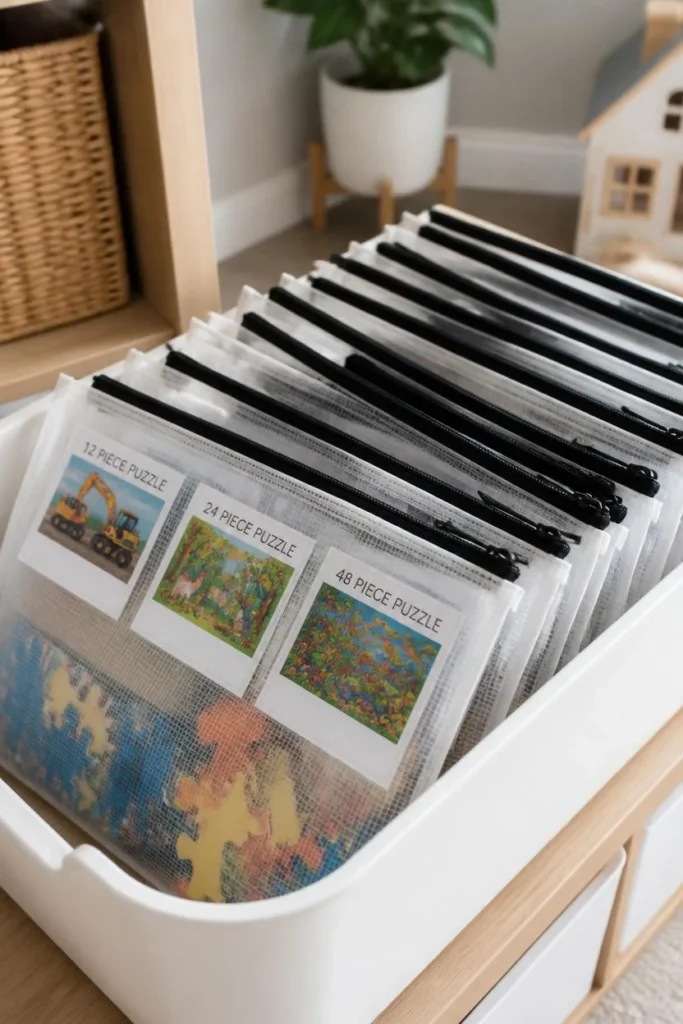 children's playroom, featuring a storage bin filled with labeled zippered puzzle bags