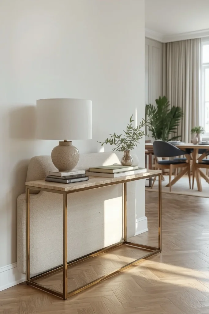 20 Genius Ways to Connect Your Living & Dining Room Seamlessly & Stylishly 7 open floor plan room, featuring a slim brass-legged console table