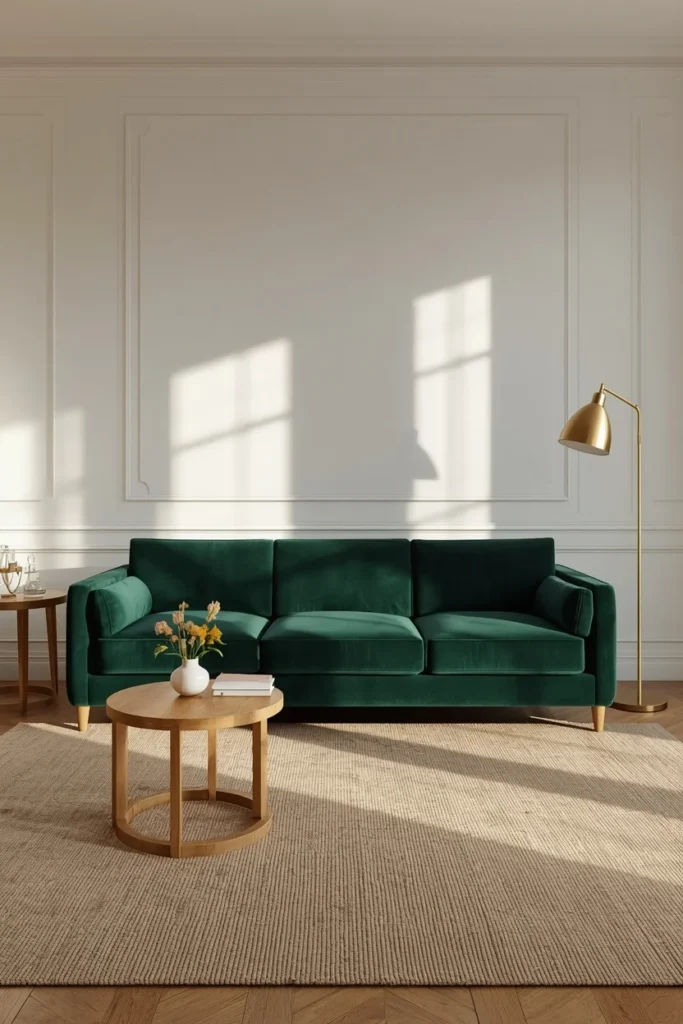 16 Green Living Room Ideas That Bring Life, Calm & Color to Any Space 7 living room, featuring a deep emerald green velvet sofa