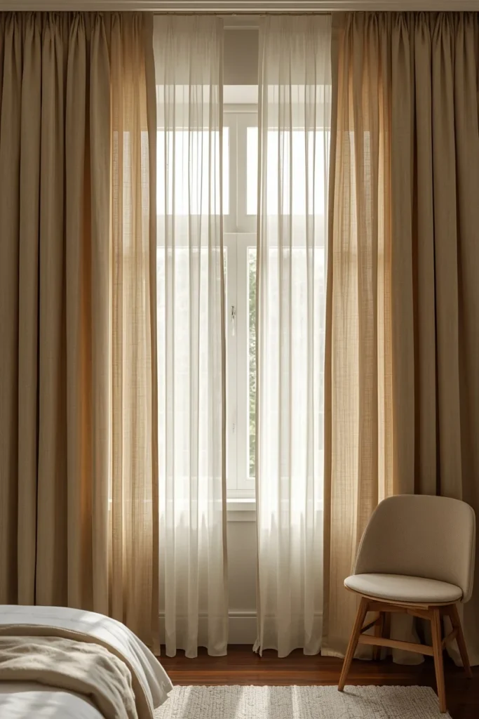 guest bedroom window, featuring soft sheer linen curtains