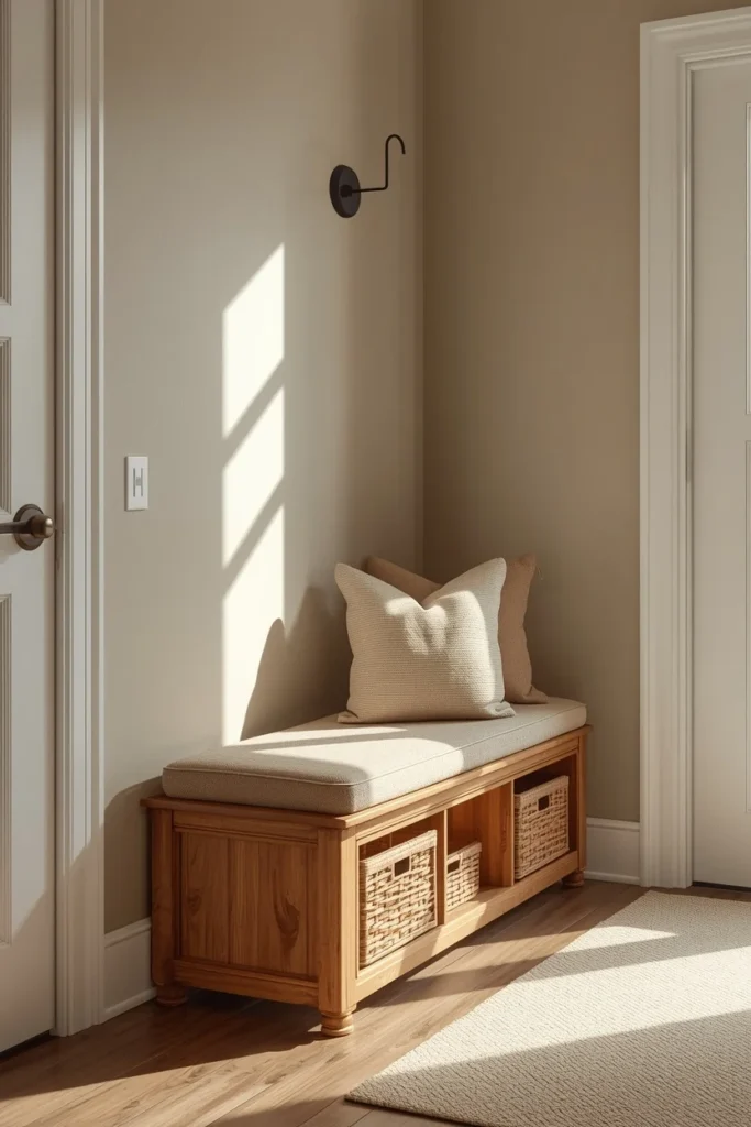 22 Home Entrance Decor Ideas That Make a Stunning First Impression Every Time 7 entryway, featuring a built-in wood bench with a lift-up storage seat