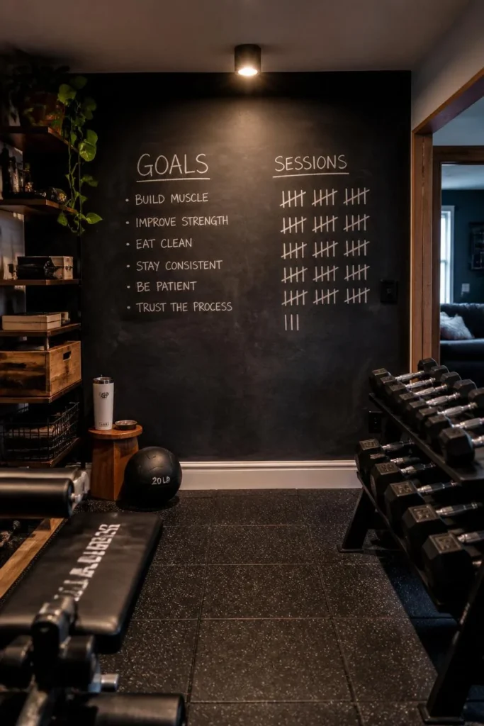 home gym, featuring a large chalkboard wall with handwritten workout goals