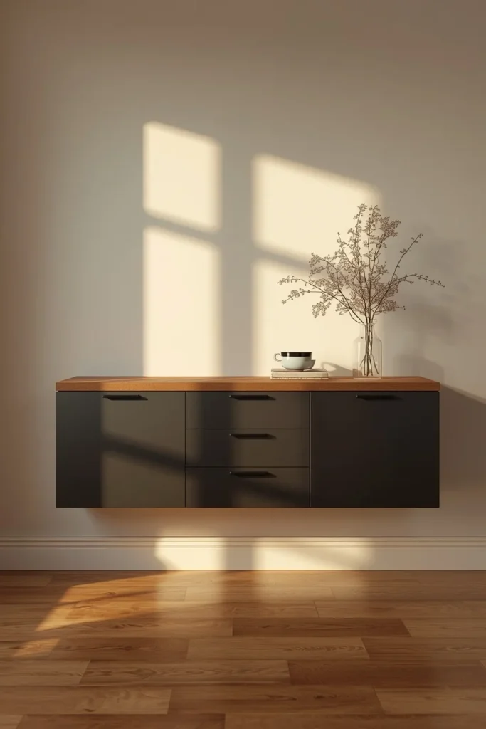  a wall-mounted floating IKEA BESTA credenza 