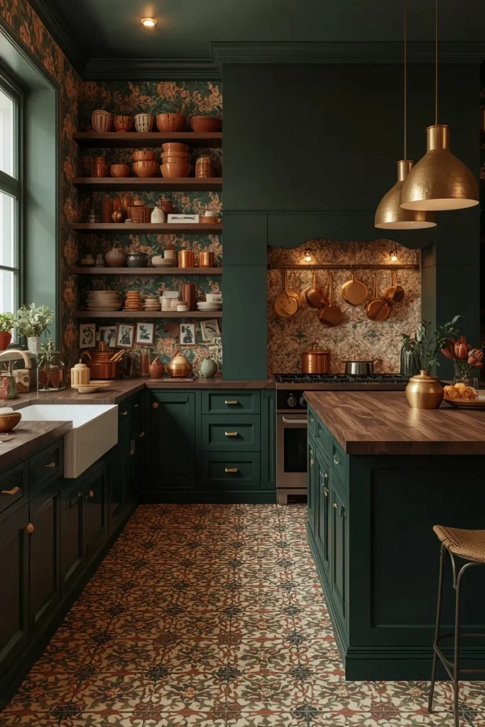  moody maximalist kitchen aesthetic, deep forest green floor-to-ceiling cabinetry 