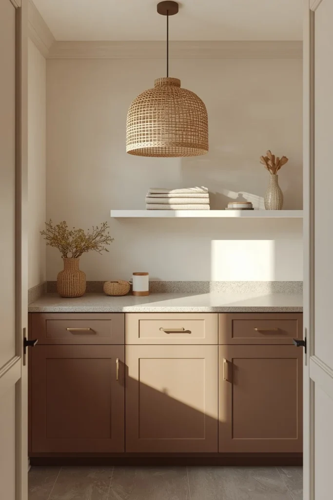 23 Laundry Room Design Ideas That Turn a Chore Space Into a Design Feature 7 warm minimalist laundry room, featuring mushroom-toned cabinetry