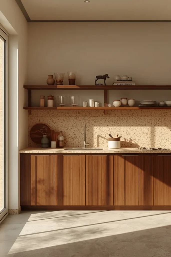 22 Mid Century Modern Kitchen Designs That Are Timeless & Stunning 6 modern kitchen, featuring warm-toned terrazzo countertops