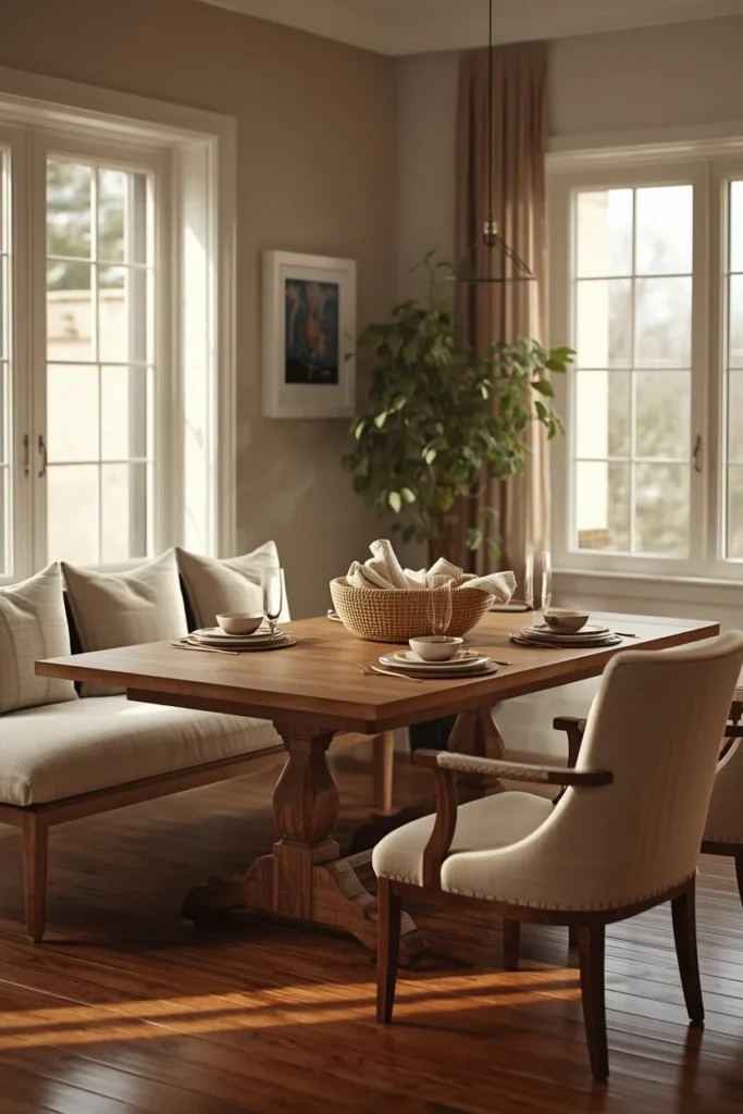 25 Modern Dining Room Ideas That Are Chic, Sleek & Totally Pin-Worthy 7 dining room, featuring a wood bench with linen cushions