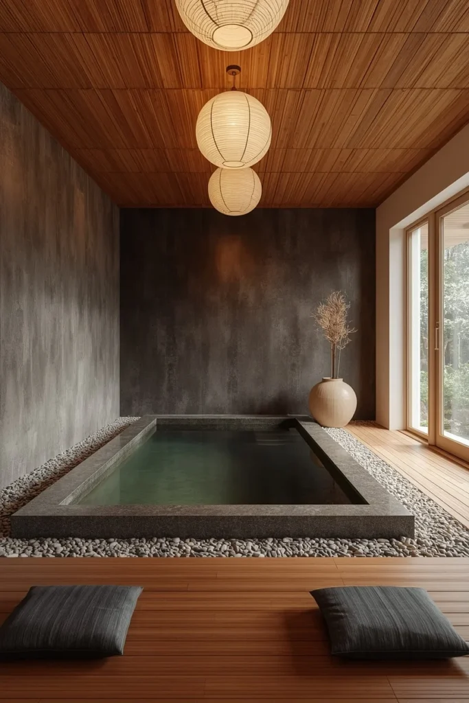 Japanese onsen-inspired indoor pool room, small rectangular deep plunge pool 